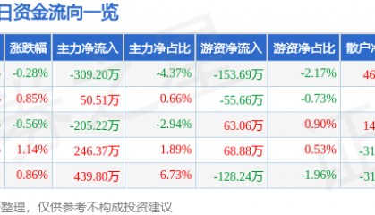 股票行情快报：中央商场（600280）7月22日主力资金净卖出309.20万元