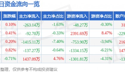 股票行情快报：东方盛虹（000301）9月2日主力资金净卖出263.14万元
