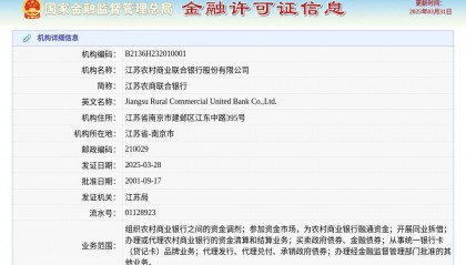 江苏农村商业联合银行股份有限公司颁发金融许可证，发证日期2025年3月28日