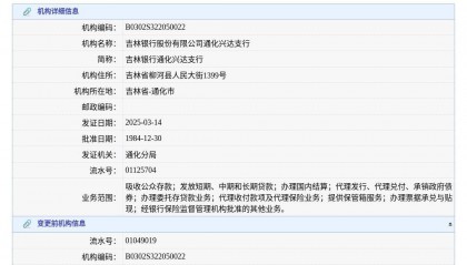 吉林银行股份有限公司通化兴达支行换发金融许可证，发证日期2025年3月14日