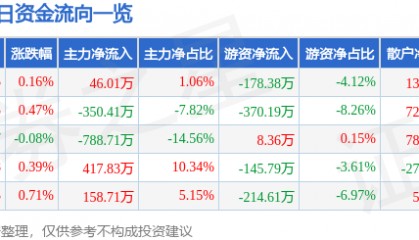 股票行情快报：地素时尚（603587）8月11日主力资金净买入46.01万元