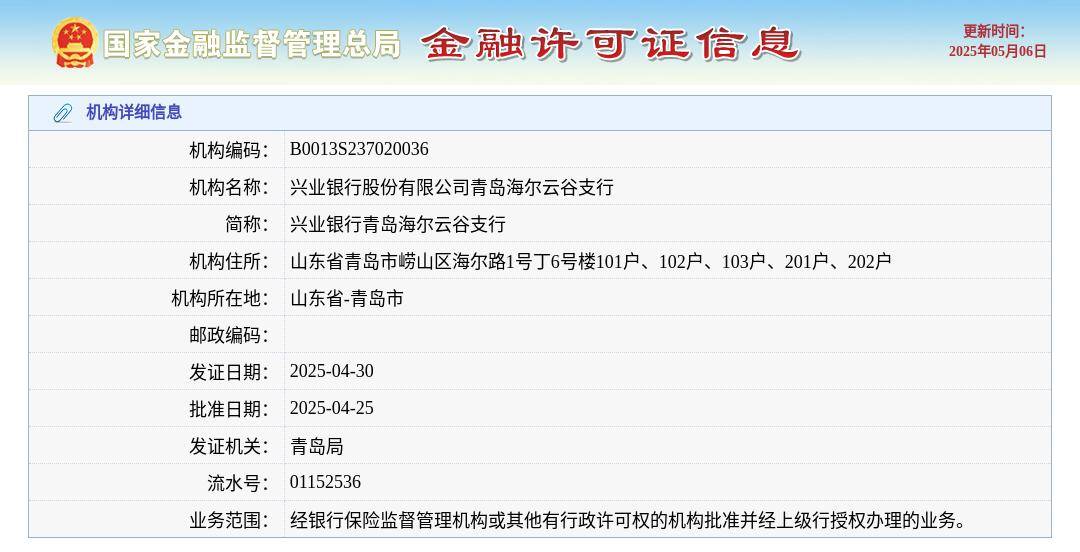 兴业银行股份有限公司青岛海尔云谷支行颁发金融许可证，发证日期2025年4月30日