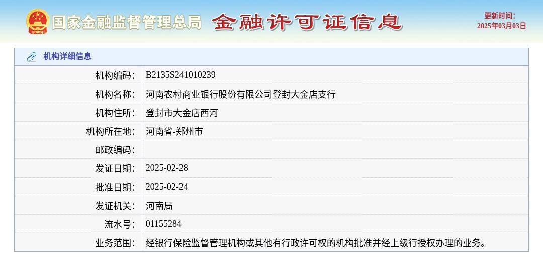 河南农村商业银行股份有限公司登封大金店支行颁发金融许可证，发证日期2025年2月28日