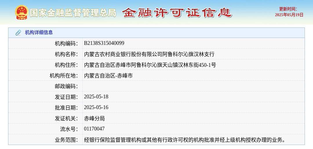 内蒙古农村商业银行股份有限公司阿鲁科尔沁旗汉林支行颁发金融许可证，发证日期2025年5月18日
