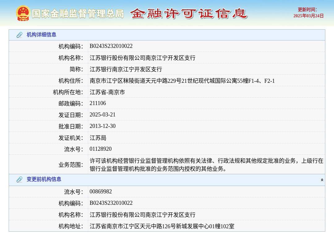 江苏银行股份有限公司南京江宁开发区支行换发金融许可证，发证日期2025年3月21日