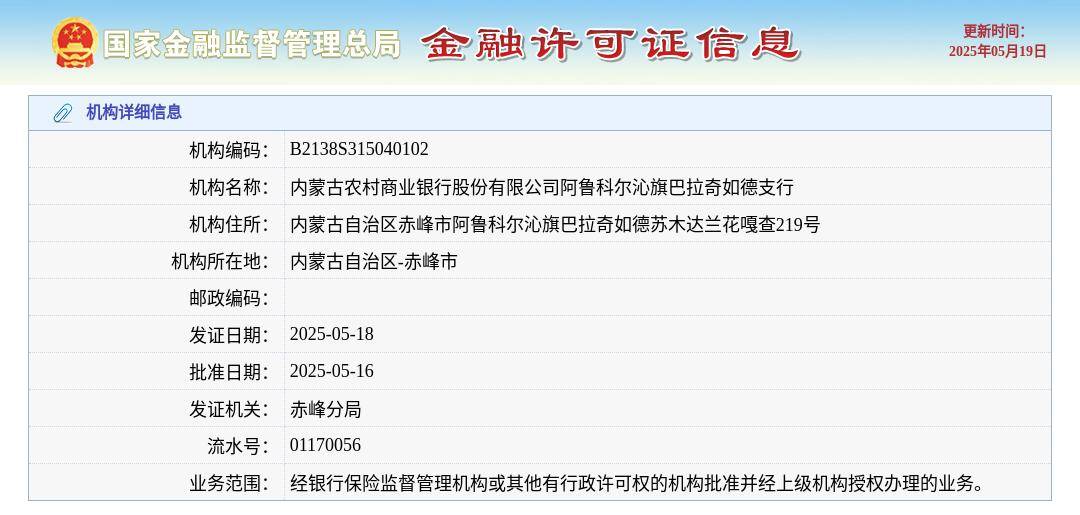 内蒙古农村商业银行股份有限公司阿鲁科尔沁旗巴拉奇如德支行颁发金融许可证，发证日期2025年5月18日