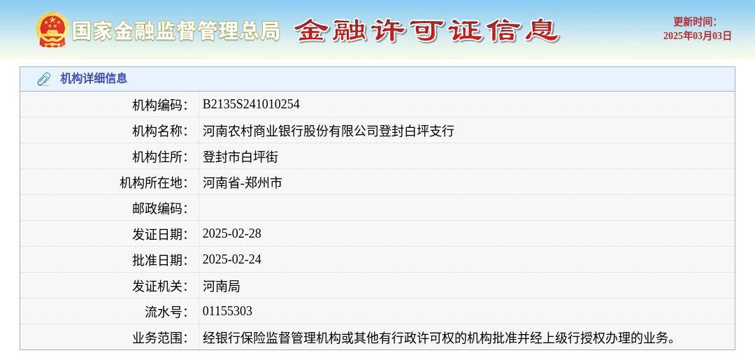河南农村商业银行股份有限公司登封白坪支行颁发金融许可证，发证日期2025年2月28日