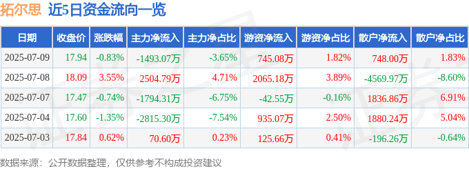 股票行情快报：拓尔思（300229）7月9日主力资金净卖出1493.07万元