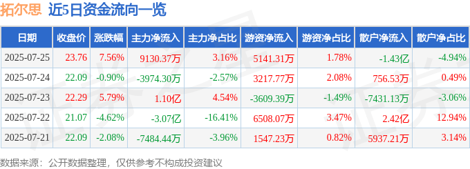 拓尔思（300229）7月25日主力资金净买入9130.37万元