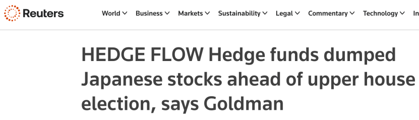 外媒:高盛称对冲基金上周抛售日本股票